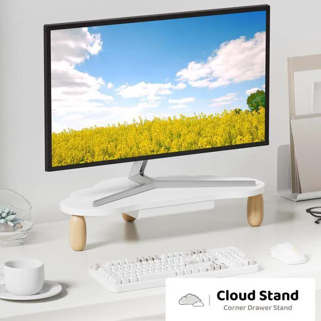 Alt view image 2 of 5 - AFOOYO Cloud-Shaped Sturdy Wood Computer Monitor Stand Riser With Drawer, Multi-Purpose Desktop Organizer