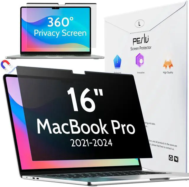 Main image of Peslv Magnetic 360° Privacy Screen for Macbook Pro 16 Inch (2021-2024, M1, M2, M3, M4), Removable Matte Anti Glare Blue Light Protector 4 Way Private Security Filter for Mac Laptop Computer