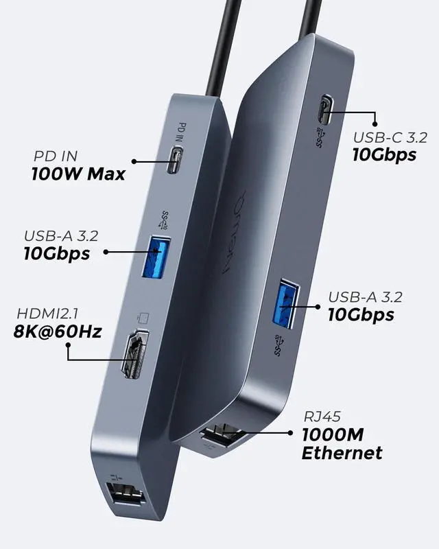 Alt view image 2 of 5 - NewQ USB4 40Gbps Hub, 8K@60Hz 4K@120Hz HDMI 2.1 Dock, 2*USBA 3.2, USBC 3.2, Gigabit Ethernet, PD-in 100W, Compatible w/Thunderbolt 3/4/5, USB4.0 Docking Station for MacBook, Windows, Chromebook