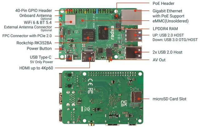 Alt view image 5 of 5 - Radxa Rock 2A Single Board Computer, RK3528A Quad-Core CPU, GPU, 4K HDMI and Gigabit Ethernet (RS113-D4T0)