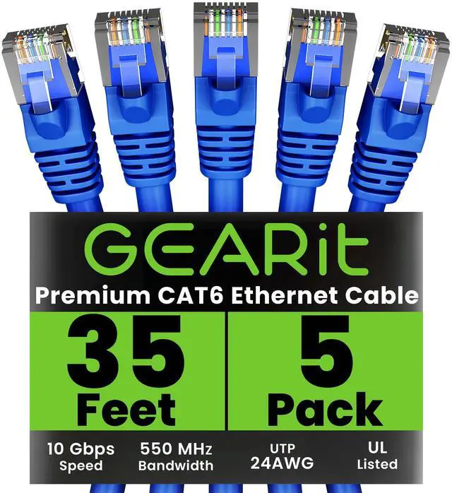 Main image of GearIT Cat 6 Ethernet Cable (5-Pack 35 Feet) Cat6 Network Patch, 10Gbps, RJ45, Snagless Cord, Gold-Plated Connectors, Internet for PC, TV, Tablet, Router, Printer, Servers, IT Data Center - Blue