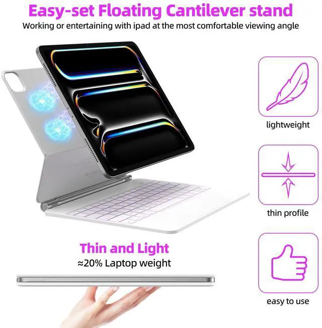 Alt view image 3 of 5 - GOKOCO Magic Keyboard Case for iPad Pro 13-inch M4 2024,Easy-Set Magnetic Detachable Keyboard with Multi-Touch Trackpad,7 Colors Backlight,Floating Cantilever Stand,LCD Screen-White
