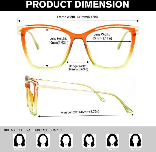 Alt view image 5 of 5 - Zeelool Blue Light Blocking Glasses, Cat Eye Frame Glasses for Women Eyeglasses with Clear Lens Anti Eyestrain & UV from Computer/TV/Phone ZJGX999416-09B Orange-Green