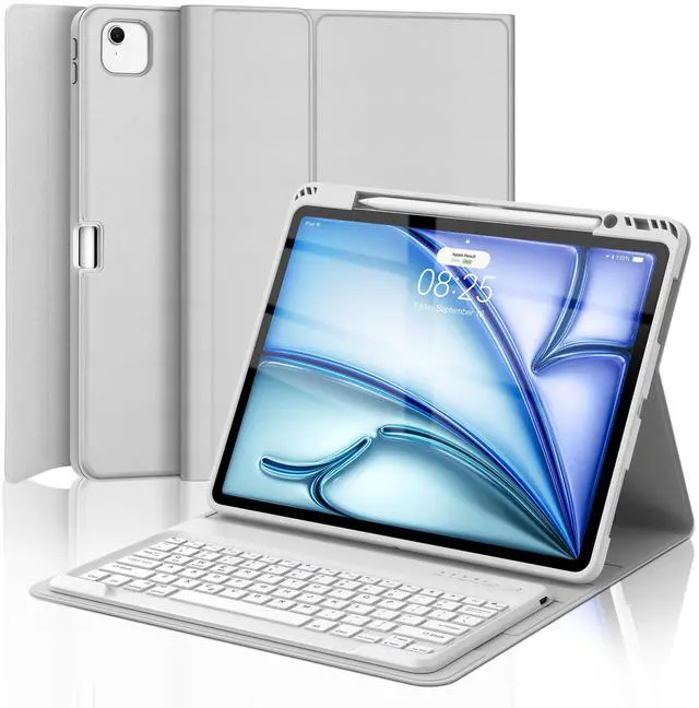 Main image of Keyboard Case for iPad Air 13 (M3&M2) 2025/2024 & iPad Pro 12.9 inch (5th, 6th Generation), Keyboard Cover Detachable Wireless Keyboard Cover with Pencil Holder and Auto Sleep/Wake Light Gray