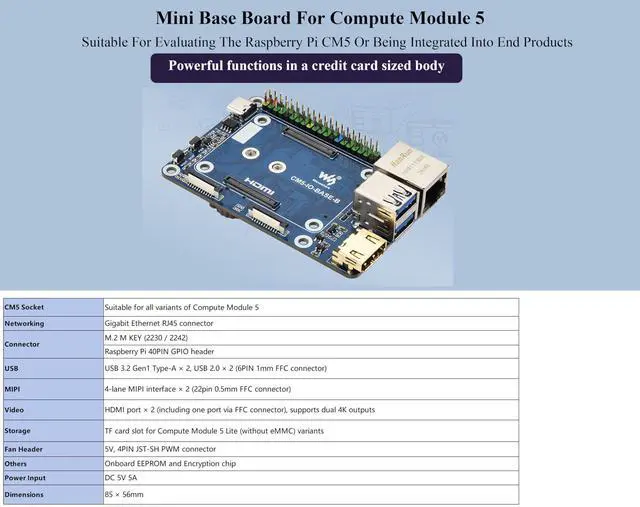 Alt view image 2 of 5 - Mini Base Board Compatible with Raspberry Pi Compute Module 5 Lite/eMMC Series, with Color-Coded 40PIN GPIO/M.2 M Key PCIe/MIPI/HDMI 4K/Gigabit ETH Interfaces,etc. Onboard EEPROM and Encryption Chip