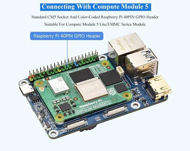 Alt view image 3 of 5 - Mini Base Board Compatible with Raspberry Pi Compute Module 5 Lite/eMMC Series, with Color-Coded 40PIN GPIO/M.2 M Key PCIe/MIPI/HDMI 4K/Gigabit ETH Interfaces,etc. Onboard EEPROM and Encryption Chip