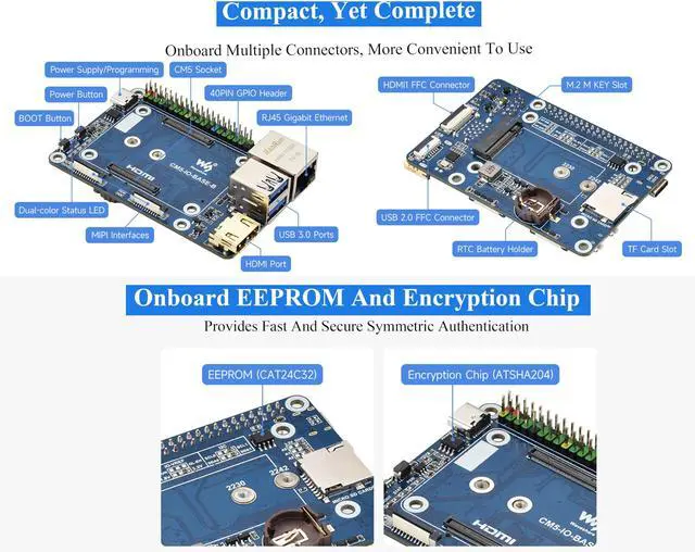 Alt view image 4 of 5 - Mini Base Board Compatible with Raspberry Pi Compute Module 5 Lite/eMMC Series, with Color-Coded 40PIN GPIO/M.2 M Key PCIe/MIPI/HDMI 4K/Gigabit ETH Interfaces,etc. Onboard EEPROM and Encryption Chip