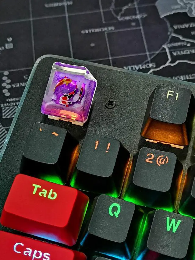 Alt view image 4 of 5 - MECHKYP Handmade Koi Fish Backlit Resin Keycap R4/Esc Artisan Keycap Shine Through Translucent Key Cap OEM Profile for Cherry MX Gaming Mechanical Keyboard DIY Replace (Purple)