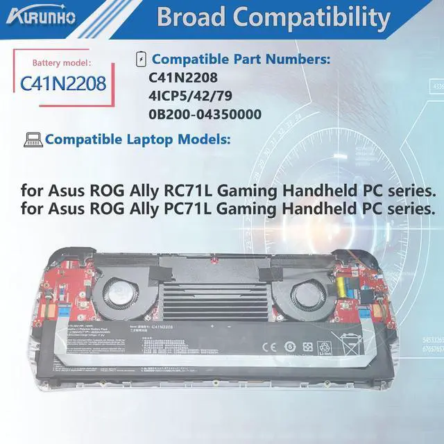 Alt view image 4 of 5 - AURUNHO 74Wh C41N2208 Battery for Replacement for ASUS Rog Ally PC71L RC71L Gaming Handheld Series RC71L-NH001W RC71L-NH002W RC71L-NH019W 15.48V