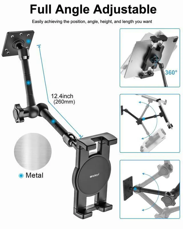 Alt view image 3 of 5 - Metal Tablet Wall Mount Holder with 360° Adjustable Foldable Arm, for iPad Pro Air Mini | Galaxy Tab | Kindle Fire | Switch | 4.7-13" Device, for Kitchen Cabinet | Home | Desk | Under Counter | Office