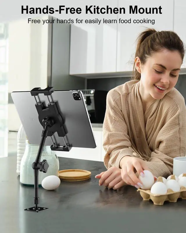Alt view image 4 of 5 - Metal Tablet Wall Mount Holder with 360° Adjustable Foldable Arm, for iPad Pro Air Mini | Galaxy Tab | Kindle Fire | Switch | 4.7-13" Device, for Kitchen Cabinet | Home | Desk | Under Counter | Office