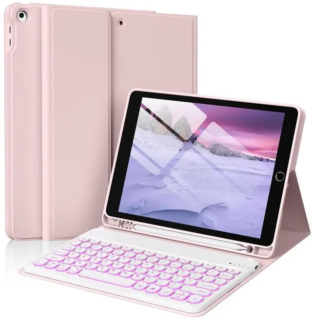 Main image of SZPSGC Case for iPad 9th Generation with Keyboard 10.2 Inch, Soft TPU Back Folio Stand Cover with 7 Colors Backlit Detachable Keyboard, for iPad 9th 8th 7th Generation 10.2 Inch 2021 2020 2019, Pink