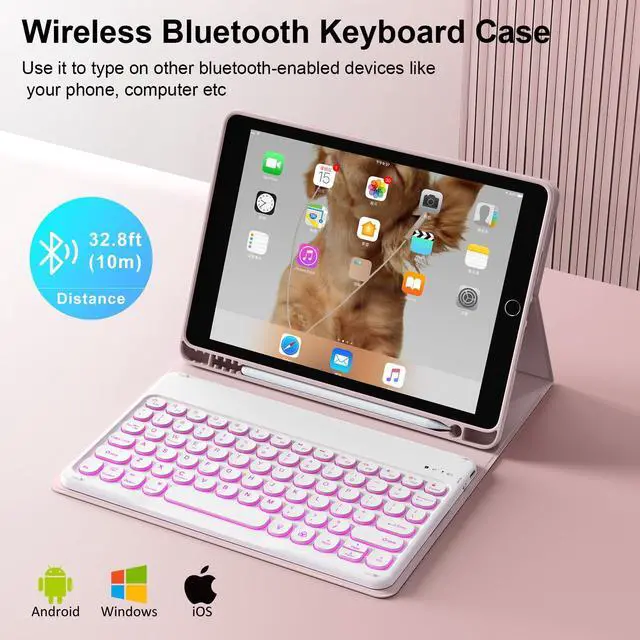 Alt view image 3 of 5 - SZPSGC Case for iPad 9th Generation with Keyboard 10.2 Inch, Soft TPU Back Folio Stand Cover with 7 Colors Backlit Detachable Keyboard, for iPad 9th 8th 7th Generation 10.2 Inch 2021 2020 2019, Pink