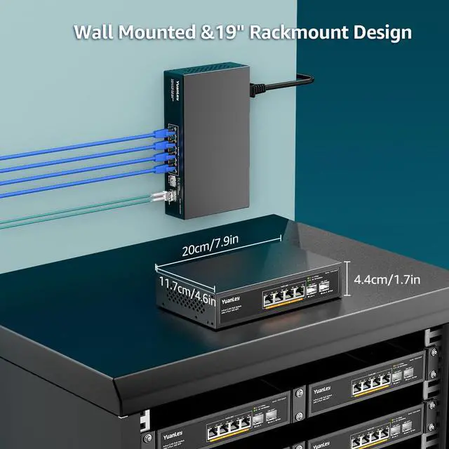 Alt view image 5 of 5 - YuanLey 6 Port 2.5G PoE Switch Unmanaged, 4 x 2.5G Base-T PoE Ports, 2 x 10G SFP, IEEE802.3af/at, 78W, Compatible with 100/1000/2500Mbps, Metal Fanless, Desktop/Wall Mount 2.5Gbe Network Switch