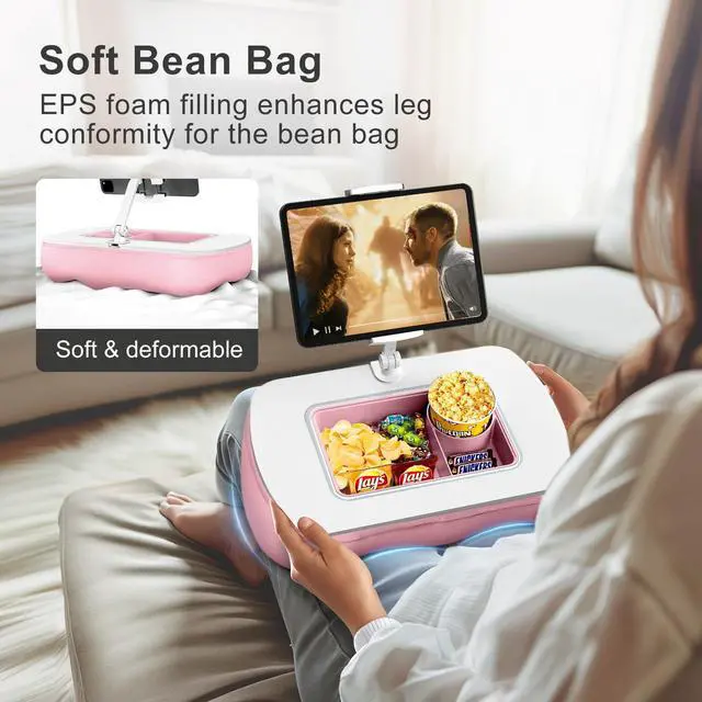 Alt view image 2 of 5 - ERGONOV Lap Beanbag Tablet Pillow Stand with Snack Bowl and 360° Rotating Arm, Adjustable iPad Holder for Bed, Couch, and Recliner, Compatible with 4.7"-13" Kindle, iPad, Tablet, Phone,Pink