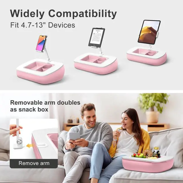 Alt view image 5 of 5 - ERGONOV Lap Beanbag Tablet Pillow Stand with Snack Bowl and 360° Rotating Arm, Adjustable iPad Holder for Bed, Couch, and Recliner, Compatible with 4.7"-13" Kindle, iPad, Tablet, Phone,Pink
