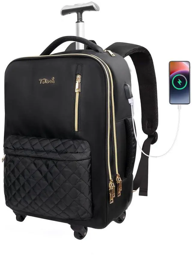Main image of Tilami Rolling Backpack for Women, Carry on Laptop Backpacks with Wheels, 40L Roller Backpack for Travel,Black