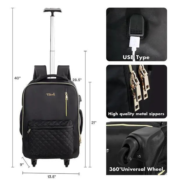 Alt view image 2 of 5 - Tilami Rolling Backpack for Women, Carry on Laptop Backpacks with Wheels, 40L Roller Backpack for Travel,Black