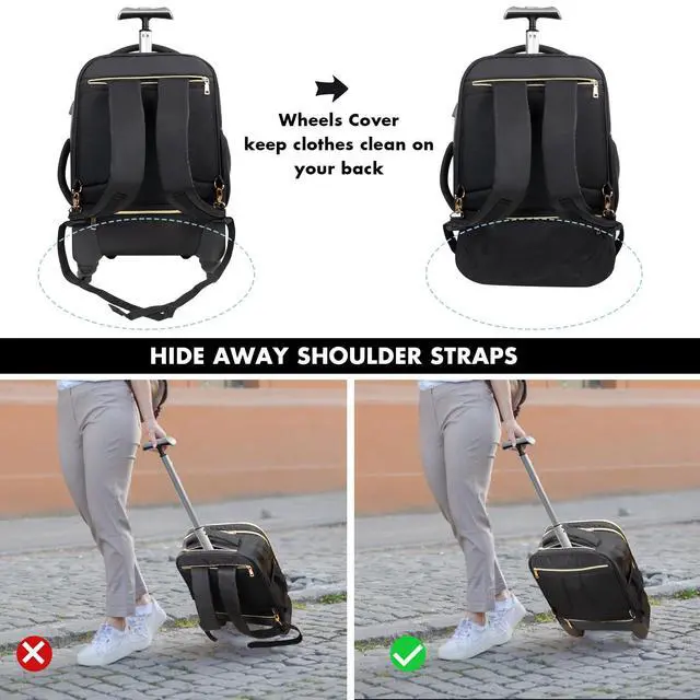 Alt view image 3 of 5 - Tilami Rolling Backpack for Women, Carry on Laptop Backpacks with Wheels, 40L Roller Backpack for Travel,Black