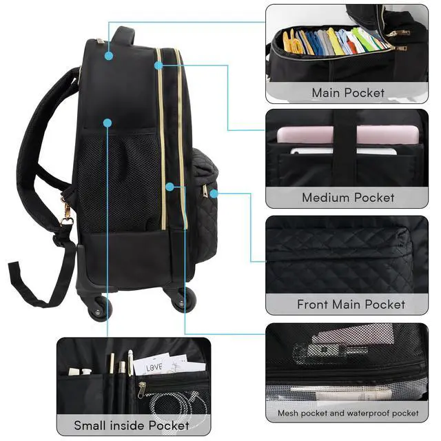 Alt view image 4 of 5 - Tilami Rolling Backpack for Women, Carry on Laptop Backpacks with Wheels, 40L Roller Backpack for Travel,Black