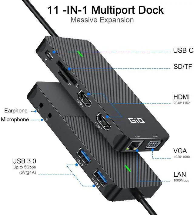 Alt view image 2 of 5 - USB Docking Station GIQ USB C HUB USB 3.0 to Dual HDMI VGA Adapter Triple Display USB C Laptop Docking Station Dual Monitor HDMI Splitter Extender Compatible with MacBook M1 M2 USB Dock-Black