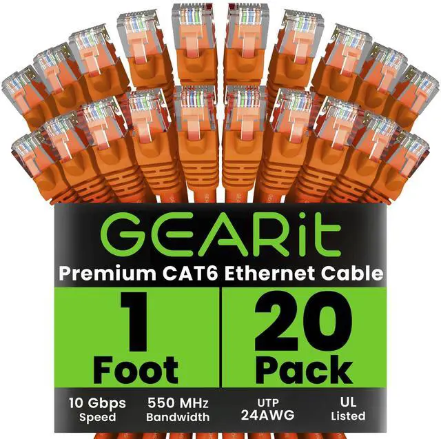 Main image of GearIT Cat 6 Ethernet Cable (20-Pack 1 Foot) Cat6 Network Patch, 10Gbps, RJ45, Snagless Cord, Gold-Plated Connectors, Internet for PC, TV, Tablet, Router, Printer, Servers, IT Data Center - Orange
