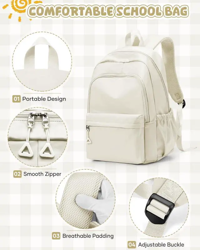 Alt view image 3 of 5 - winspansy Backpack for School Teenage Girls Boys,Waterproof Lightweight School Bags Travel Daypack Simple Cute College Backpack Rucksack for Women Men fit 14 Inch Laptop,Beige