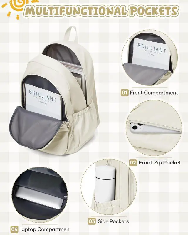Alt view image 4 of 5 - winspansy Backpack for School Teenage Girls Boys,Waterproof Lightweight School Bags Travel Daypack Simple Cute College Backpack Rucksack for Women Men fit 14 Inch Laptop,Beige