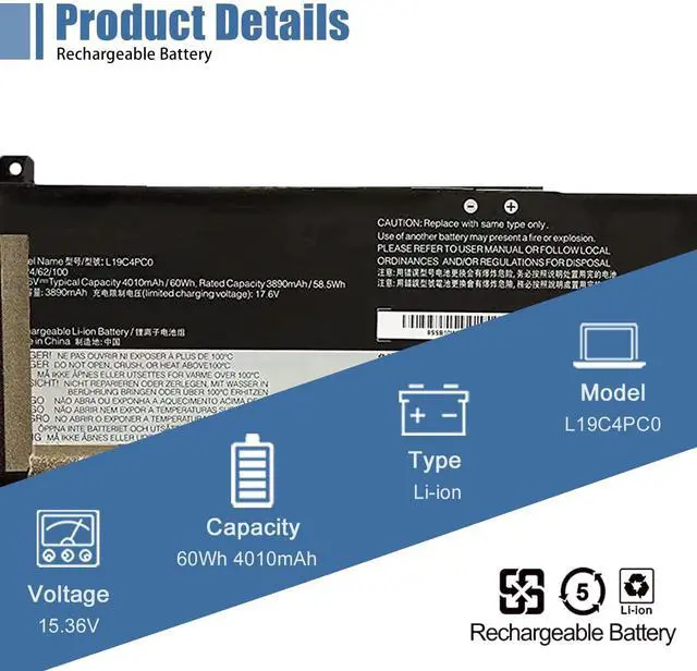 Alt view image 2 of 5 - VANPIR L19C4PC0 Laptop Battery Replacement for Lenovo Legion 5-15IMH05 5-15ARH05 Legion 5P-15IMH05 Series L19M4PC0 5B10W86196 L19M4PC1 5B10W86194 L19C4PC1 5B10W86195 5B10W86192 15.36V 60Wh 4010mAh
