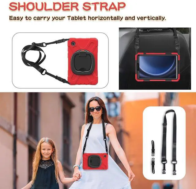 Alt view image 4 of 5 - PboyiqiS Case for Galaxy Tab A9 Plus 11" 2023 (SM-X210/ X215/ X216), Heavy Duty Protective Case with 360 Degree Swivel Stand&Hand Strap&Shoulder Strap (Colourful Red)