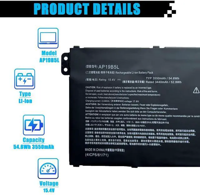 Alt view image 2 of 5 - AP19B5L Battery Replacement for Acer Aspire 5 A515-43 A515-43G A515-52 A515-52G Aspire 7 A715-41G A715-41G-R5LR Swift 3 SF314-42 SP314-21N-R5FR TravelMate P2 TMP214-41 P214-41-G2 Vero AV15-51 54.6Wh