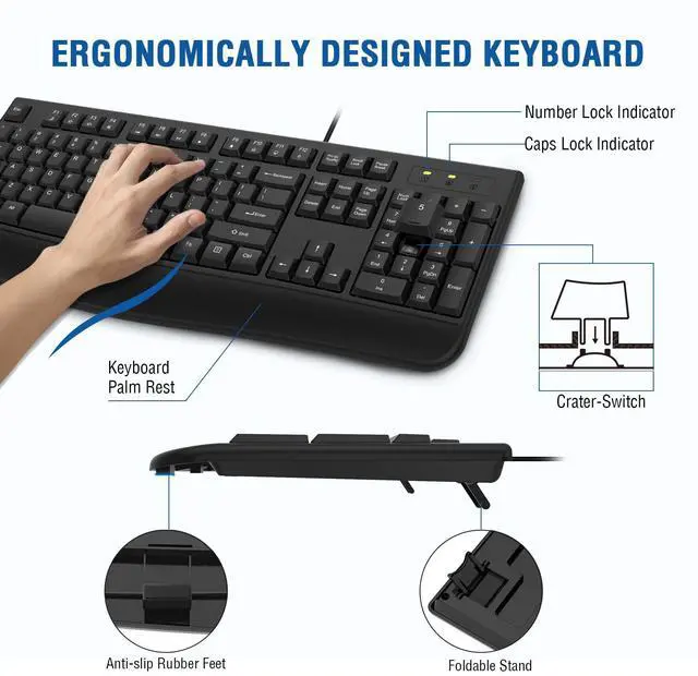 Alt view image 2 of 5 - Wired Keyboard and Mouse Combo, EDJO Full-Sized Ergonomic Computer Keyboard with Palm Rest and Optical Wired Mouse for Windows, Mac OS Desktop/Laptop/PC (2 Pack)