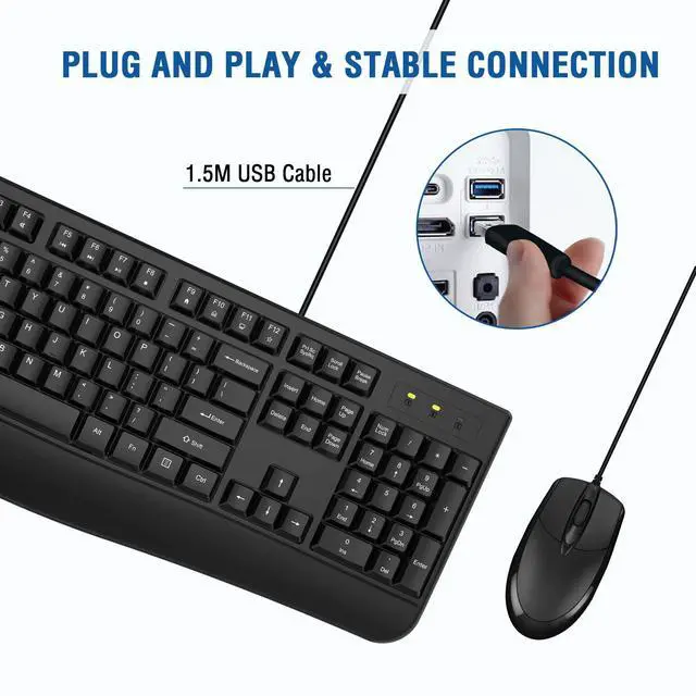 Alt view image 3 of 5 - Wired Keyboard and Mouse Combo, EDJO Full-Sized Ergonomic Computer Keyboard with Palm Rest and Optical Wired Mouse for Windows, Mac OS Desktop/Laptop/PC (2 Pack)