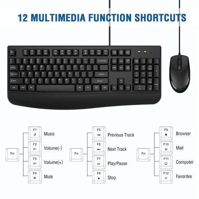 Alt view image 4 of 5 - Wired Keyboard and Mouse Combo, EDJO Full-Sized Ergonomic Computer Keyboard with Palm Rest and Optical Wired Mouse for Windows, Mac OS Desktop/Laptop/PC (2 Pack)