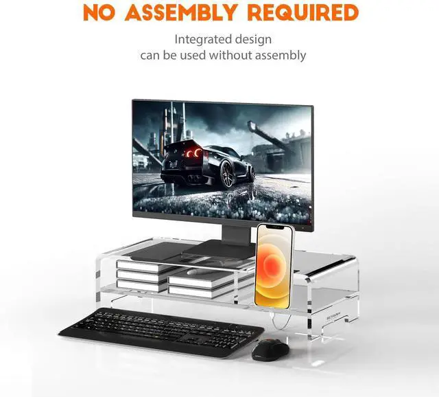 Alt view image 4 of 5 - BEYGORM Acrylic Monitor Stand Riser, Wide 20" for Full Keyboard, 2 Tier Computer Stand with Storage, Desk Organizer Desktop Printer Stand Laptop Storage Shelf Screen Holder with Phone Holder(Clear)