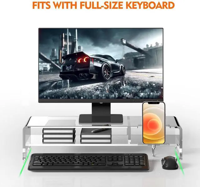Alt view image 5 of 5 - BEYGORM Acrylic Monitor Stand Riser, Wide 20" for Full Keyboard, 2 Tier Computer Stand with Storage, Desk Organizer Desktop Printer Stand Laptop Storage Shelf Screen Holder with Phone Holder(Clear)