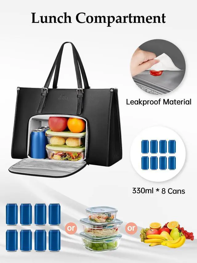 Alt view image 2 of 5 - MATEIN Laptop Tote Bag with Insulated Lunch Compartment, 15.6 Inch PU Leather Briefcase with Leakproof Lunch Box Pocket for Women,15.6 Inch Corduroy Laptop Backpack with USB Charging Port