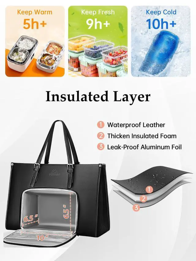 Alt view image 3 of 5 - MATEIN Laptop Tote Bag with Insulated Lunch Compartment, 15.6 Inch PU Leather Briefcase with Leakproof Lunch Box Pocket for Women,15.6 Inch Corduroy Laptop Backpack with USB Charging Port