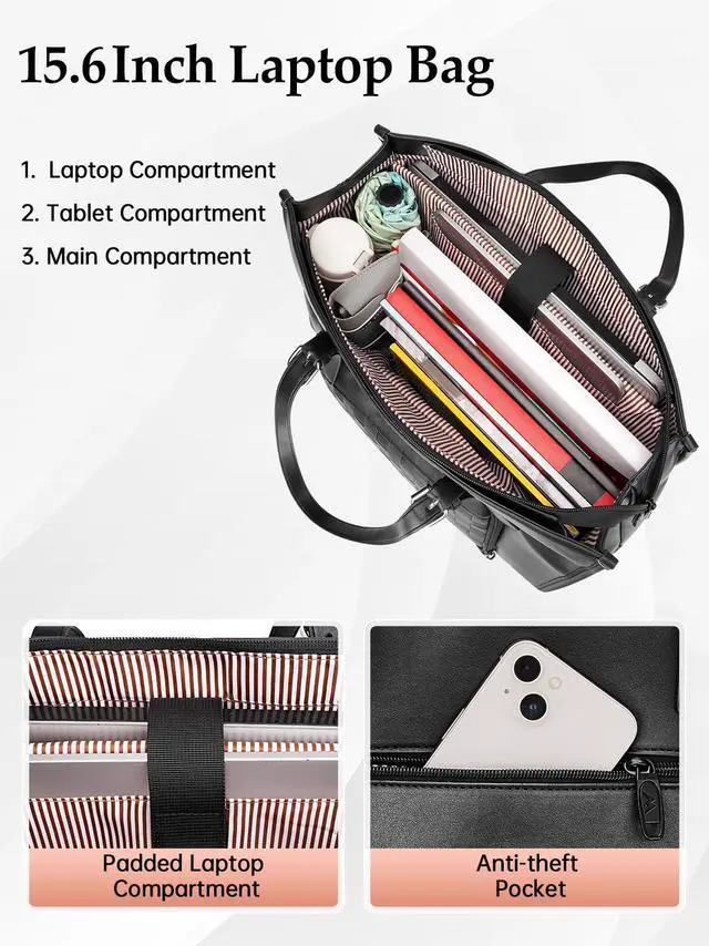 Alt view image 4 of 5 - MATEIN Laptop Tote Bag with Insulated Lunch Compartment, 15.6 Inch PU Leather Briefcase with Leakproof Lunch Box Pocket for Women,15.6 Inch Corduroy Laptop Backpack with USB Charging Port