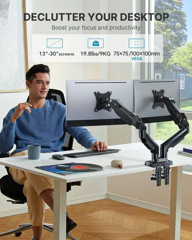 Alt view image 2 of 5 - HUANUO Dual Monitor Stand - Full Adjustable Monitor Desk Mount Swivel Vesa Bracket with C Clamp, Steel Monitor Mount Reinforcement Plate for Thin, Glass and Other Fragile Tabletop