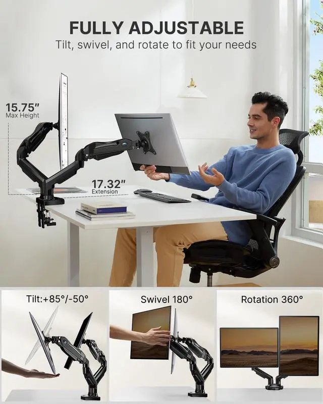 Alt view image 3 of 5 - HUANUO Dual Monitor Stand - Full Adjustable Monitor Desk Mount Swivel Vesa Bracket with C Clamp, Steel Monitor Mount Reinforcement Plate for Thin, Glass and Other Fragile Tabletop