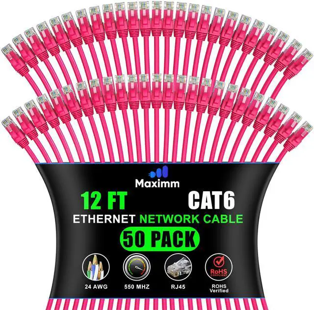 Main image of Maximm Cat 6 Ethernet Cable - 12 ft (50-Pack) - High-Speed LAN, Internet, Patch, and Network Cable - UTP, 10Gbps, 550MHz Ethernet Cord - Pink