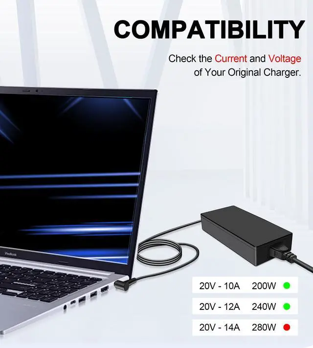 Alt view image 3 of 5 - 240W 6.0x3.7mm Laptop Charger Compatible with ASUS ROG Zephyrus G14 G15 G16 M16 S15 S17 ROG Strix G15 G513IE G17 TUF A15 F15 A17 FX707 FX707ZM