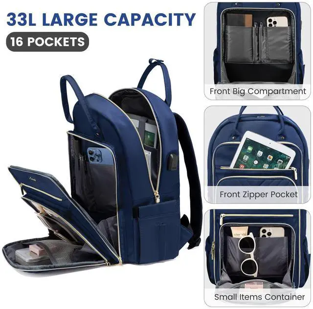 Alt view image 3 of 5 - LOVEVOOK 17.3 Inch Laptop Backpack for Women,Fashion Work Backpack Purse for Women Men,Waterproof Travel Work Backpacks Purse for Teacher Nurse, Navy Blue.