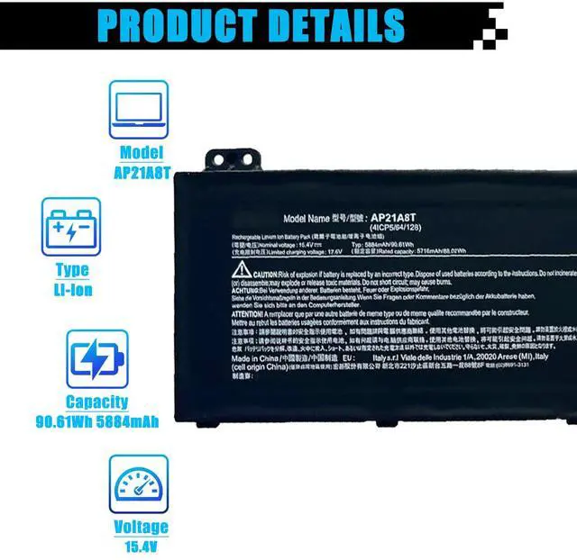 Alt view image 2 of 5 - AP21A8T AP21A7T Laptop Battery Replacement for Acer Nitro 5 AN517-55 Helios 300 PH317-56 PH315-54-55 PH315-55-75K6 PH315-55-78LF PH317-56-78LY PH317-56-724M Series AP21A5T KT0040G014 90Wh