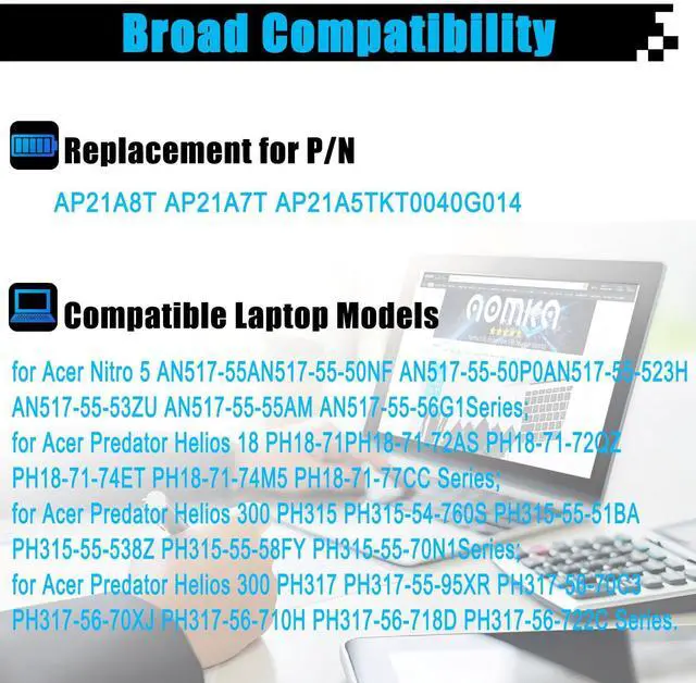 Alt view image 3 of 5 - AP21A8T AP21A7T Laptop Battery Replacement for Acer Nitro 5 AN517-55 Helios 300 PH317-56 PH315-54-55 PH315-55-75K6 PH315-55-78LF PH317-56-78LY PH317-56-724M Series AP21A5T KT0040G014 90Wh