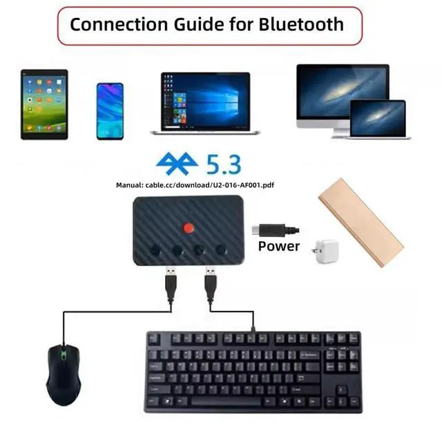 Alt view image 3 of 5 - cablecc 2.4G Bluetooth(BT) Converter with Receiver Type-C Power USB Wired Keyboard and Mouse Convert to Wireless for Laptop Tablet Phone