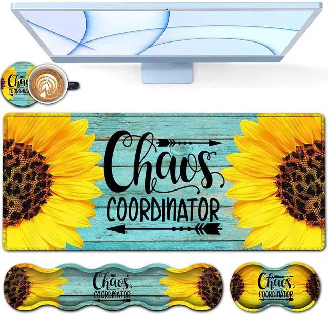 Main image of Desk Pad, Keyboard Mouse Pad Set, Extended Gaming Mouse Pad+ Ergonomics Memory Foam Wrist Rest Support,31.5x11.8in Waterproof Large Mouse Pad for Home Office,Chaos Coordinator Sunflower XXL Mouse Mat