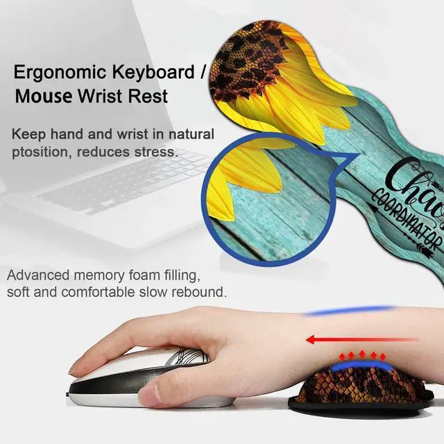 Alt view image 4 of 5 - Desk Pad, Keyboard Mouse Pad Set, Extended Gaming Mouse Pad+ Ergonomics Memory Foam Wrist Rest Support,31.5x11.8in Waterproof Large Mouse Pad for Home Office,Chaos Coordinator Sunflower XXL Mouse Mat