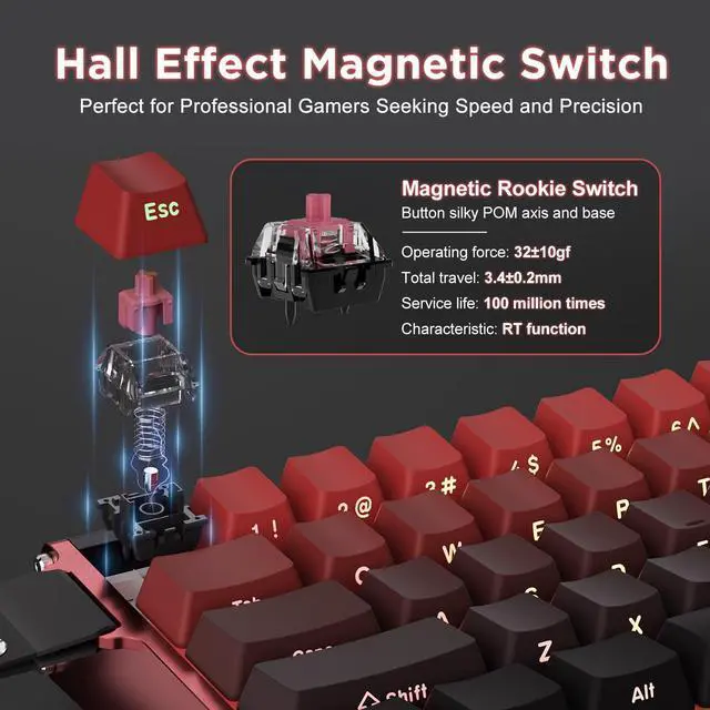 Alt view image 3 of 5 - MIKIBY Alux60-60% Mechanical Gaming Keyboard Wired, Magnetic Switch Hot Swappable, Rapid Trigger Hall Effect Magnetic Switches, 8K Hz Polling Rate, RGB Small Keyboard for Mac/Win (Red)